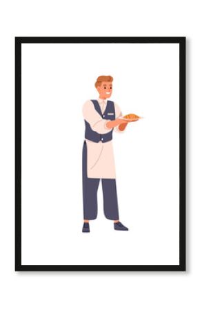 Waiter serving croissant on plate. Man, cafe worker holding plate with fresh French bakery, dessert for breakfast meal. Restaurant service. Flat vector illustration isolated on white background