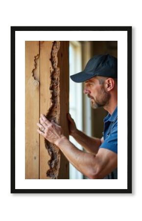 Man inspects damaged wooden beam with tunnels from termites. Builder checks structural integrity of old house material. Needs wood repair and pest extermination service.