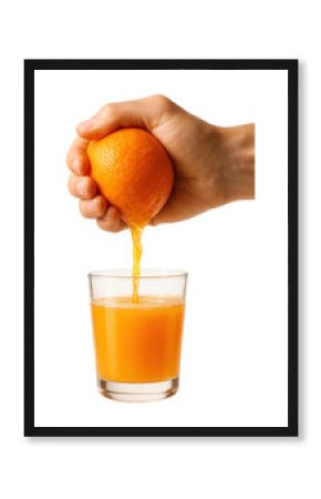 Hand squeezing ripe orange, pouring juice into a glass.