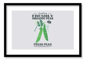 Organic peas vintage t-shirt design. Organic vegetable farm. Fresh veggies artwork for t shirt print, poster, sticker and other uses.