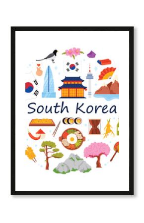 South Korea culture elements and food, nature and architecture, travel landmarks in round infographic poster with title. Building palace and tower of Seoul, Liancourt Rocks cartoon vector illustration