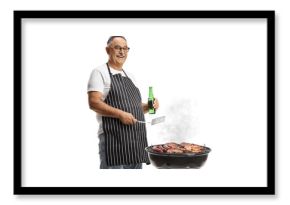 Man holding a turner utensil and a bottle of beer and grilling meat on a barbecue