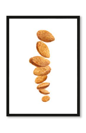 Bread croutons levitate on a white background