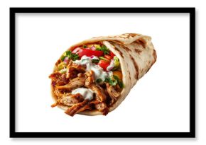 Grilled doner kebab wrap filled with sliced meat, lettuce, tomato, and sauce, captured isolated on white transparent background. Traditional Arabic food