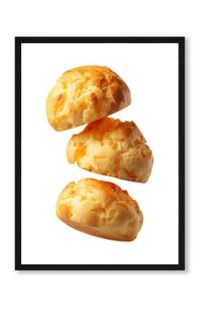 Stack of Brazilian cheesy bread balls with golden crust and holes, isolated on white transparent background, concept of Brazil Pao de Queijo food