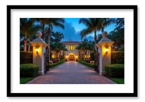 Opulent mansion entrance with grand driveway, ornate gates, and lush palm trees. Elegant estate features illuminated pathway leading to large mansion exterior. Exclusive luxury residence.