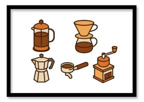 Collection of essential coffee brewing equipment including French press, pour over, Moka pot, and grinder