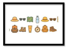 Camping gear icons set – linear, outline, hiking and adventure graphics