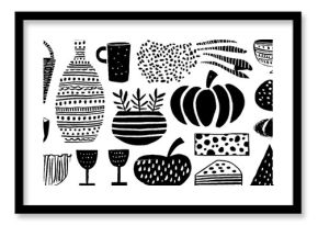 Autumn market essentials: basket, pumpkin, wine, and cheese collection for rustic design