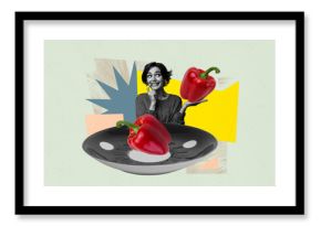 Pop zine 3d image collage of happy girl guy stand red pepper bulgarian paprika plate detox nutrition dinner healthy lifestyle