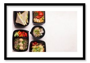 Be healthy. Healthy food delivery in black boxes to go on white background with copy space for advertisement