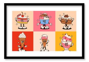 Set of groovy dessert characters in retro style. Flat vector illustration.