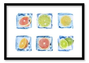 Citrus fruits in ice cubes isolated on white, set