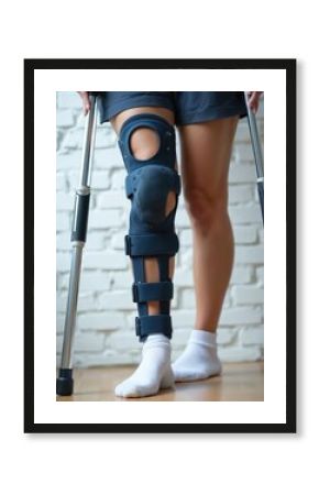 Woman wearing knee orthosis brace walks with crutches after leg surgery. Patient during rehabilitation and recovery from injury. Female uses orthopedic splint for support, stability and pain relief.