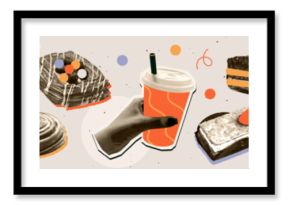 Trendy halftone collage. Sticker pack with realistic desserts, cakes, sweet pastries, and coffee cups with grainy texture. Vintage elements. Flat vector illustration collection isolated on background