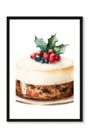 PNG Festive cake with holly decoration.