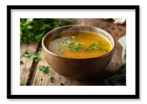 Hot Beef Bone Broth with Fresh Herbs in Ceramic Bowl