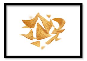 Corn chips of triangular shape levitate on a white background
