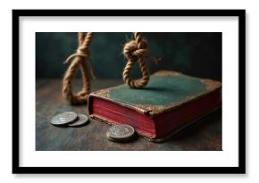 Religious book with red pages, noose, and coins represents Judas betrayal of Jesus. Symbolizes sin, greed, and spiritual downfall. Justice, consequence, sacrifice, faith.