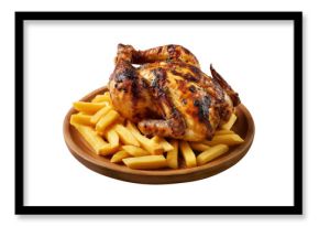 Peru Pollo a la Brasa Rotisserie roasted chicken placed on pile of French fries on wooden plate, isolated on white transparent background, concept of street fast food