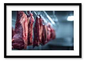 The Hanging Beef Carcasses in an Industrial Cold Room Meat Processing Facility