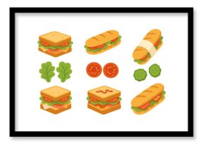 Isometric set of various sandwiches and sub rolls featuring fresh ingredients like tomato, lettuce, and cheese