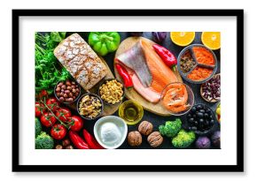 Food products representing the Mediterranean diet