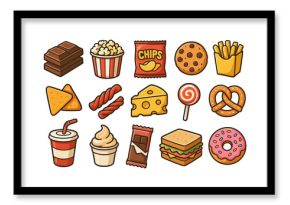 Assorted cartoon snacks with chips, chocolate, and pretzel on white background