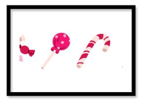 Sweets set. Swirl lollipop, lolly on stick, caramels in wrapper, bonbons, candy cane. Sugar snacks, confections. Assorted confectionery. Flat vector illustration isolated on white background