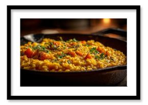 A pumpkin risotto served in cast-iron pan, cozy kitchen lighting
