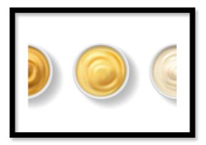 Bowls with seasonings and dip sauces for dishes and meal. Vector isolated realistic icon set of tasty mustard and garlic flavor, mayonnaise or spicy delicious dressings for salads. Snacks addition