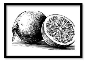 Vintage sliced orange illustration with engraved details for design
