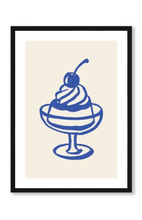 Panna cotta dessert in glass with cherry, naive sketch vector illustration