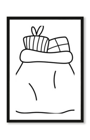 Vector black and white cartoon Santa Claus sack with Christmas presents. Cute winter Father Frost bag illustration. New Year pouch with gifts. Funny holiday line icon, coloring page