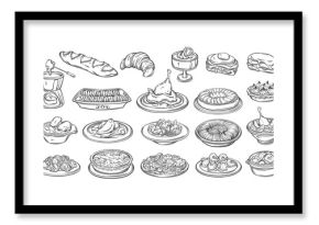 French cuisine line icons set. Outline hand drawn restaurant plates with vegetable and meat stew, bread and salad, sweet tart. French food mascots, gourmet recipes collection icons vector illustration