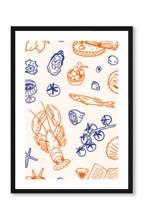 Italian food, seamless pattern. Endless design, Dolce Vita doodles, Mediterranean cuisine. Repeating print with lemons, seafood, lobster. Texture, background for wrapping. Drawn vector illustration