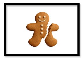 Gingerbread man cookie broken into two pieces, showing a clear separation with a transparent background