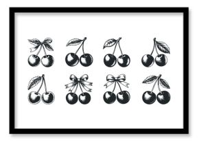 Collection of Hand-Drawn Cherries with Leaves and Bows