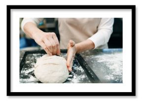 Hands, score dough or bread in bakery with blade for cooking food, restaurant cuisine or hospitality. Person, knife or ingredients in kitchen for catering, meal prep and gluten free sourdough recipe.