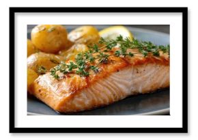Grilled salmon fillet served with baby potatoes, garnished with lemon and dill, showcasing rich colors and textures for food enthusiasts