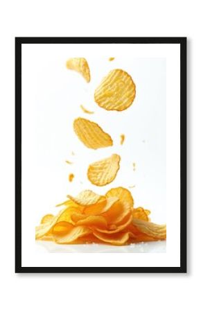 Rippled potato chips cascade into a crunchy pile against a clean white backdrop. Individual crisps float mid air, salted and golden fried, ready to eat.