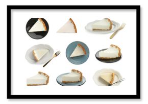 Pieces of tasty cheesecake isolated on white, set