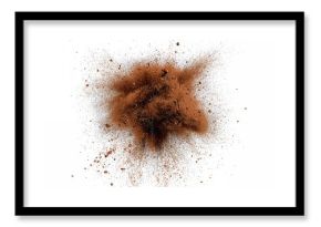 Brown dust and dry soil explosion against a white backdrop, potential allergen risk