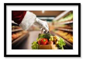 Santa's hand holding a bag full of food in supermarket