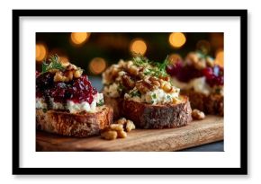 Festive holiday crostini with soft cheese, cranberry jam and walnuts. Rustic style, seasonal appetizer.