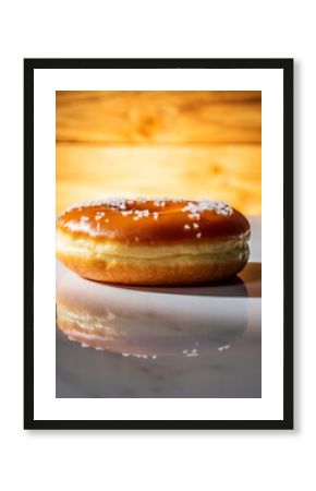 Gourmet Salted Caramel Glazed Donut with Sea Salt Flakes on Marble and Wood Background