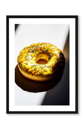 Bright Lemon Glazed Donut Topped with Poppy Seeds in Dramatic Sunlight
