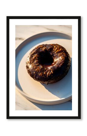 Dark Chocolate Glazed Donut on a White Plate with Soft Morning Light