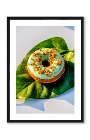 Refreshing Mint Green Glazed Donut with Sprinkles Resting on a Bright Tropical Leaf