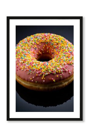 Vibrant Pink Glazed Donut with Colorful Sprinkles on Black Reflective Background
